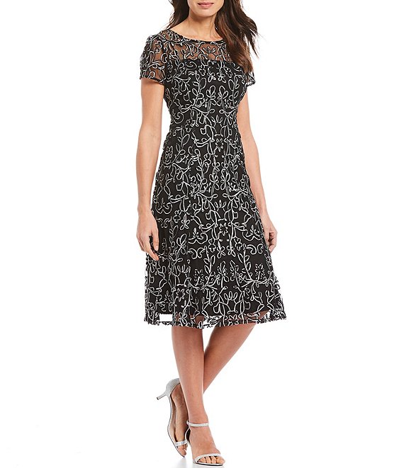 Ignite Evenings Embroidered Soutache Floral Lace Illusion Round Neck Short  Sleeve Midi Dress