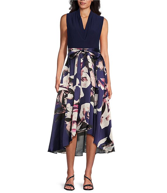 Ignite Evenings Floral Print Mikado Tie Waist V Neck Sleeveless High Low Midi Dress