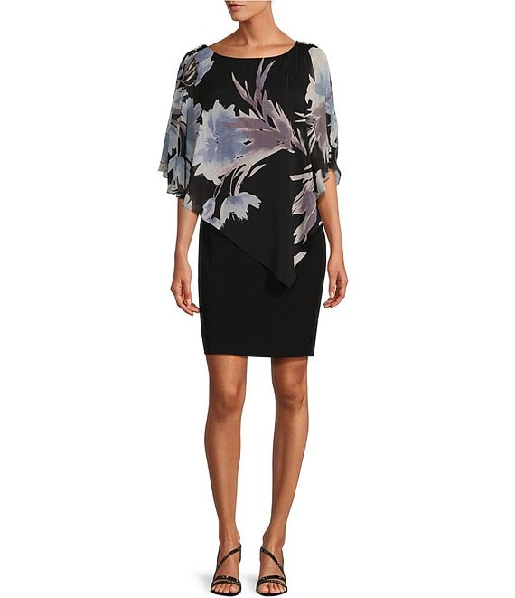 Ignite Evenings Floral Print Round Neck Short Cape Sleeve Chiffon