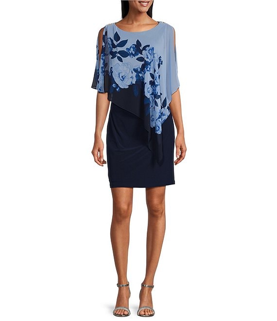 Color:Navy Multi - Image 1 - Floral Print Jewel Neck Sleeveless Asymmetric Capelet Dress