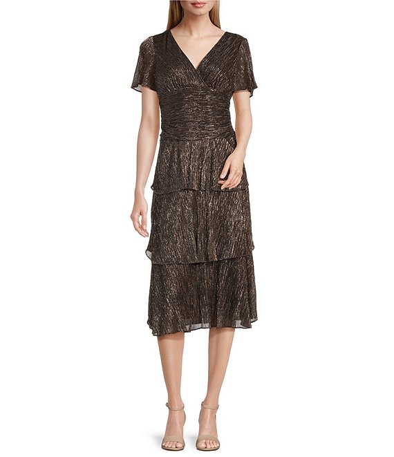 Ignite Evenings Flutter Sleeve V-Neck Tiered Metallic Dress | Dillard's