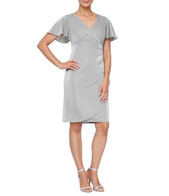 Color:Silver - Image 1 - Glitter Knit Side Ruffle Cascade Surplice V-Neck Short Flutter Sleeve Sheath Dress