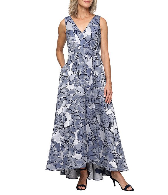 Ignite Evenings High-Low Hem Sleeveless Jacquard Long Dress