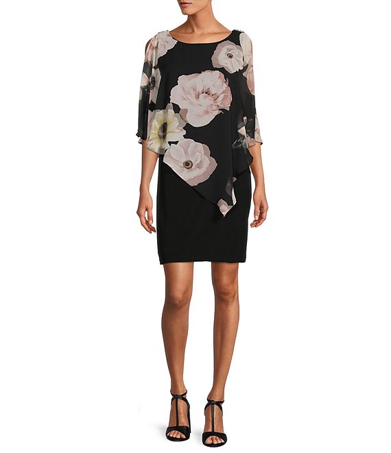 Color:Black Multi - Image 1 - Floral Print Jewel Neck Short Cape Sleeve Chiffon Overlay Sheath Dress
