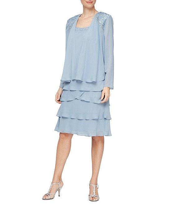 Color:Hydrangea - Image 1 - 3/4 Sleeve Scoop Neck Chiffon Tiered 2-Piece Jacket Dress