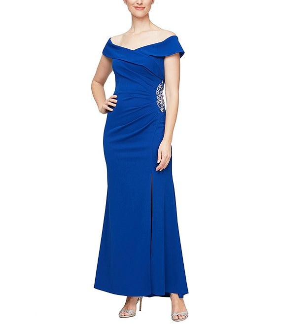 Ignite Evenings Off-the-Shoulder Portrait Collar Ruched Embellished Waist Sheath Gown