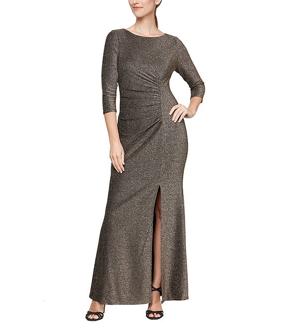 Color:Black/Gold - Image 1 - Petite Size 3/4 Sleeve Ruched Waist Front Slit Metallic Knit Gown