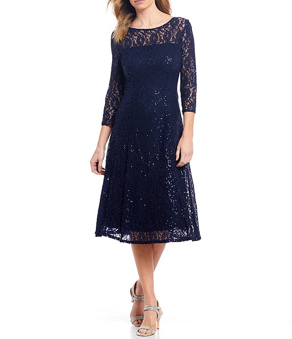 Color:Navy - Image 1 - Petite Size Round Neck 3/4 Sleeve Tea Length Sequin Lace Dress