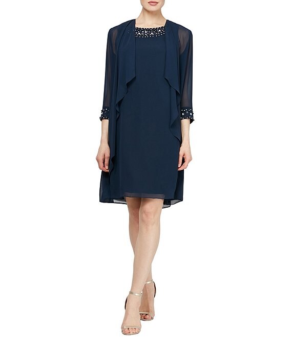 Color:Deep Navy - Image 1 - Petite Size Beaded Round Neck 3/4 Sleeve Tiered 2-Piece Jacket Dress