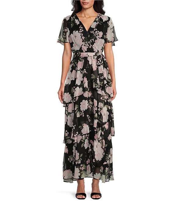 Ignite Evenings Petite Size Chiffon Lurex Short Sleeve V Neck Tie Waist Tiered Skirt Floral Maxi Dress Dillard s