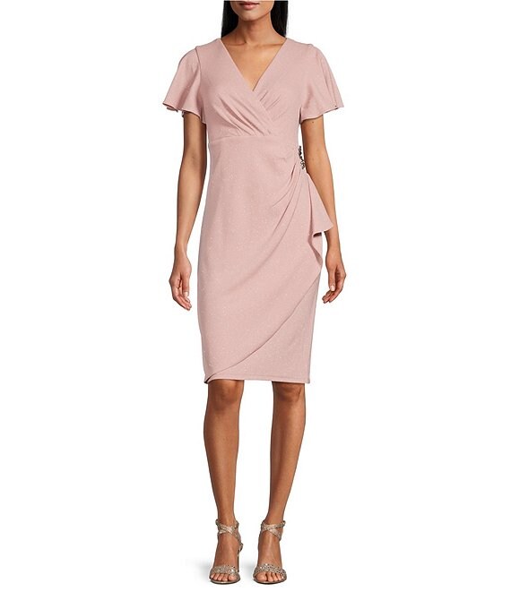 Color:Blush - Image 1 - Petite Size Flutter Short Sleeve V-Neck Metallic Knit Sheath Dress