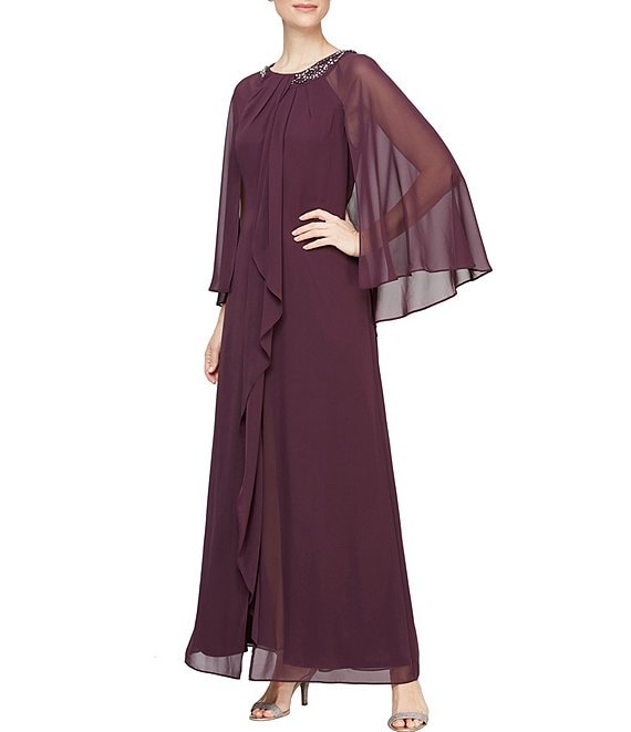 Color:Aubergine - Image 1 - Petite Size Illusion 3/4 Cape Sleeve Embellished Crew Neck Gown