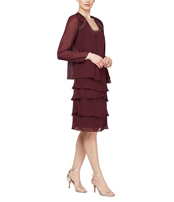 Color:Fig - Image 1 - Petite Size Lace-Shoulder Chiffon 3/4 Sleeve Scoop Neck 2-Piece Jacket Dress