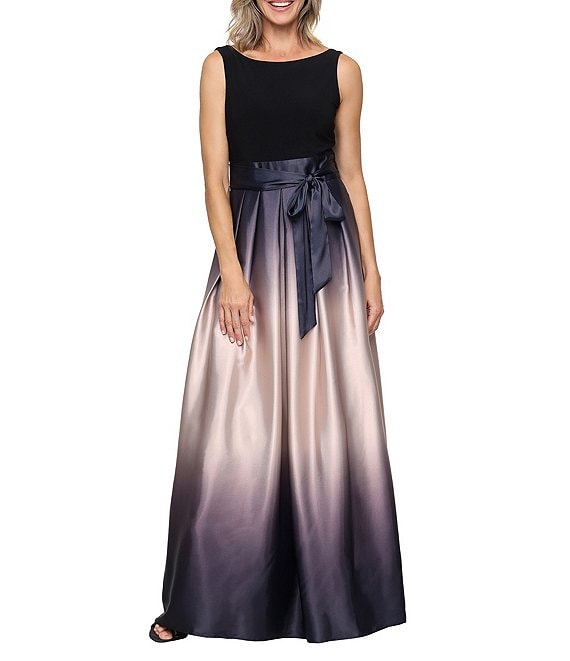 Ignite Evenings Petite Size Boat Neck Ombre Satin Bow Sleeveless Gown, Black/Champagne - Image 1