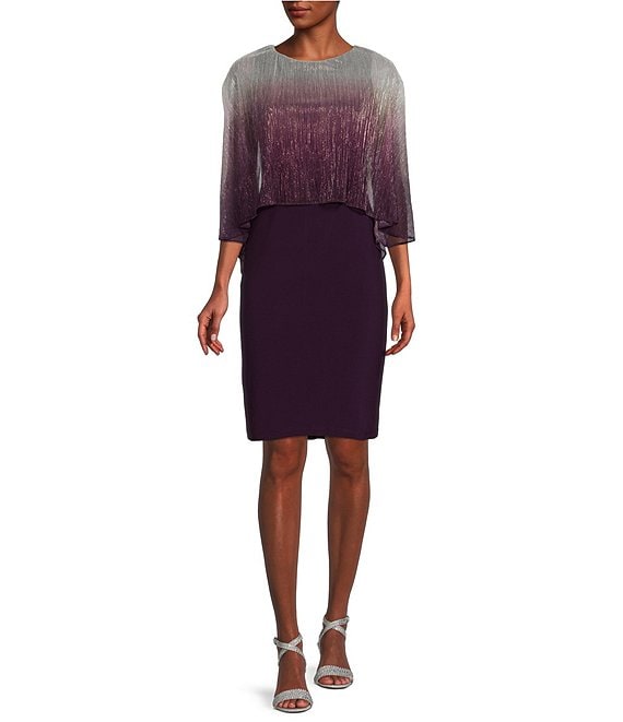 Color:Deep Plum - Image 1 - Petite Size Round Neck 3/4 Split Cape Sleeve Shimmery Ombre Bodre Popover Dress