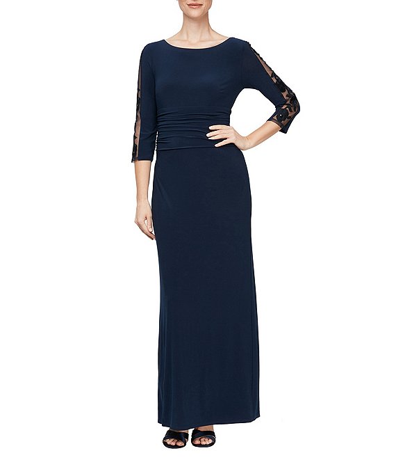 Ignite Evenings Petite Size Ruched Waist Embellished Illusion Sleeve Gown