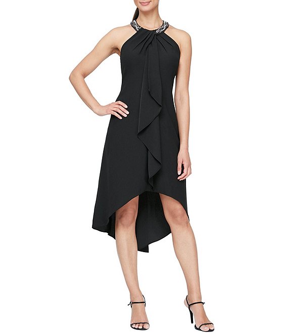Color:Black - Image 1 - Petite Size Satin Back Crepe Beaded High-Low Halter Neck Sleeveless Dress