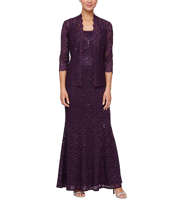 Color:Eggplant - Image 1 - Petite Size Scalloped Sequin Lace Square Neck 3/4 Sleeve Mermaid 2-Piece Jacket Gown