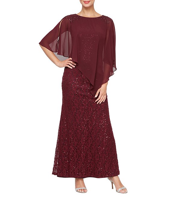 Color:Fig - Image 1 - Petite Size Short Sleeve Round Neck Beaded Sequin Floral Lace Capelet Gown