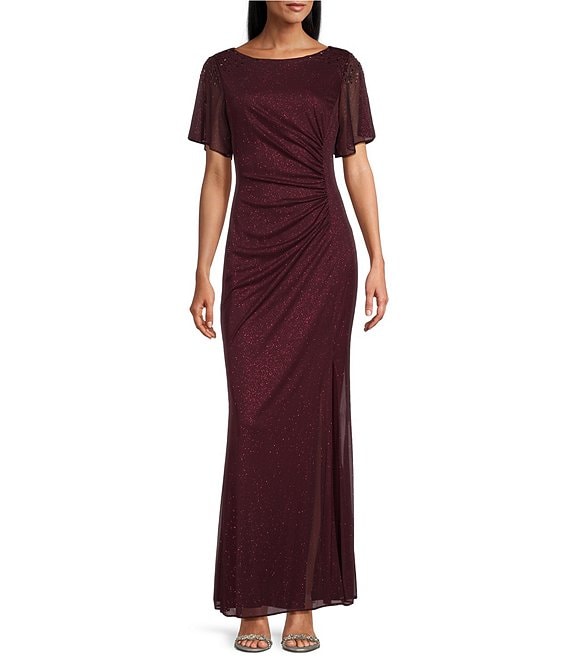 Color:Fig - Image 1 - Petite Size Short Sleeve Boat Neck Front Slit Glitter Jersey Dress