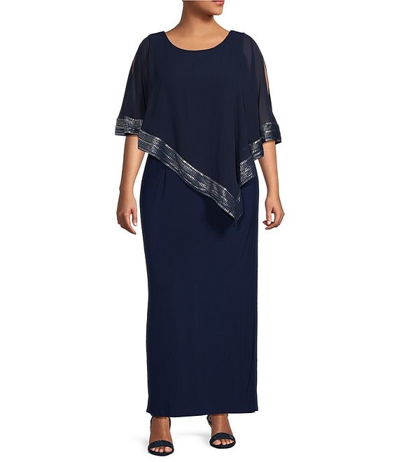 Sleeve | Long Dillard\'s Dress Popover Ignite Plus Size Asymmetric Neck Evenings 3/4 Round