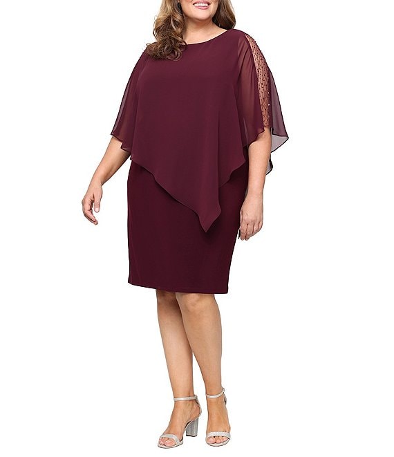 ignite evenings dress Sl Fashions Plus Size Crewneck Asymmetric Capelet Sheath - Fig Short flutter sleeves Ignite Evenings Gold Beaded Top