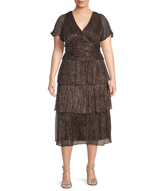 Ignite Evenings Plus Size Flutter Sleeve V Neck Tiered Metallic