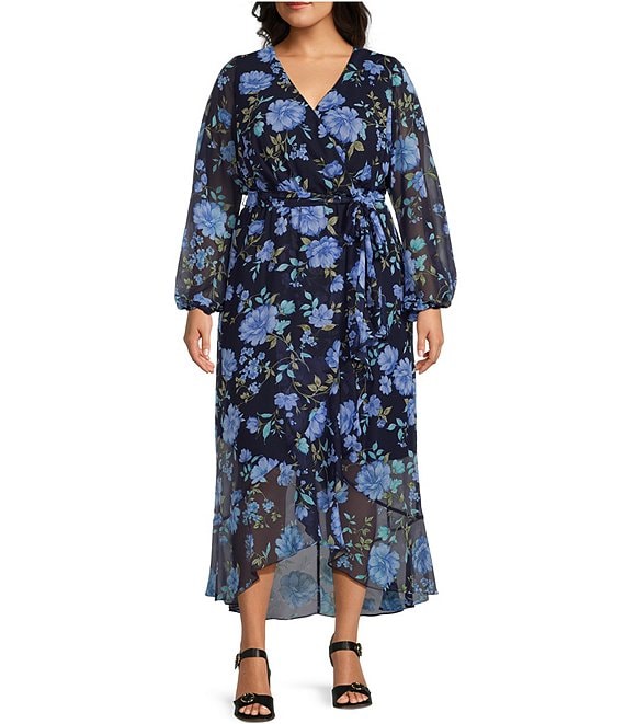 Ignite Evenings Plus Size Long Sleeve V Neck Tie Waist Floral