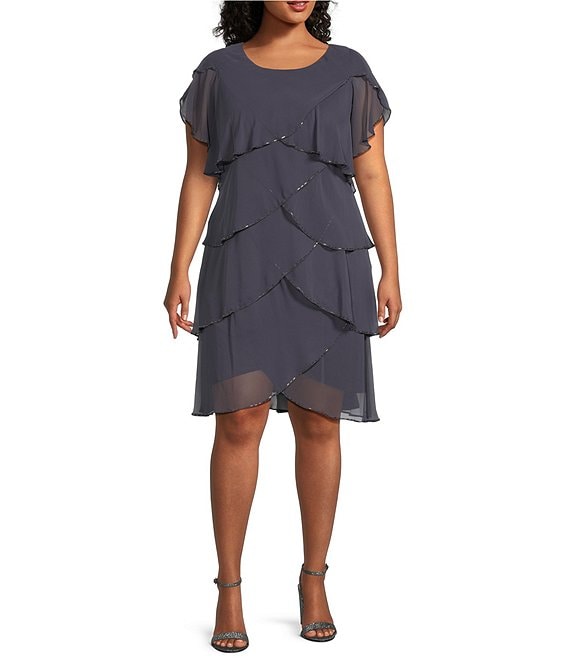 Color:Steel - Image 1 - Plus Size Round Neck Short Flutter Sleeve Beaded Trim Tiered Dress