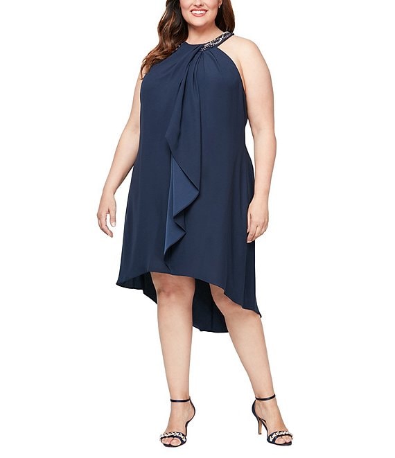 Ignite Evenings Plus Size Sleeveless Beaded Halter Neck High-Low Hem Satin  Crepe Dress | Dillard's