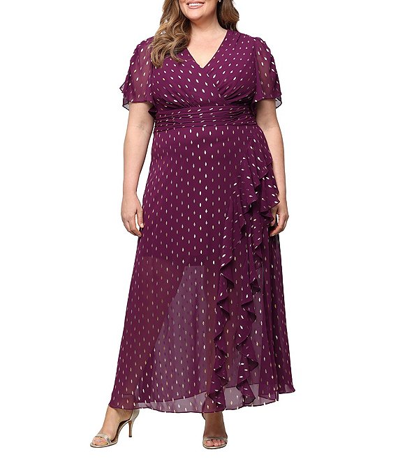 Ignite Evenings Plus Size Surplice V-Neck Flutter Sleeve Cascade Ruffle Chiffon Foil Printed Gown