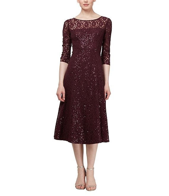 Ignite Evenings Sequin Lace Round Neck 34 Sleeve Midi Dress Dillards 7260