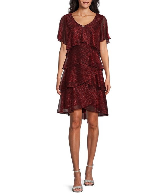 Color:Red - Image 1 - Shimmer Tiered Ruffle V-Neck Embellishment Short Flutter Sleeve Shift Dress