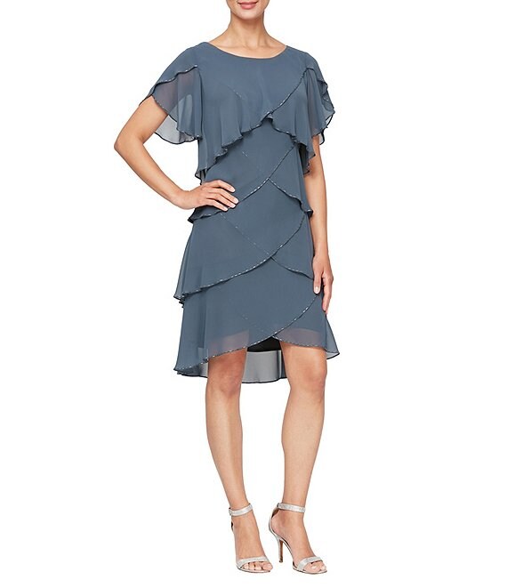 Color:Steel - Image 1 - Beaded Trim Tiered Jewel Neck Short Flutter Sleeve Tiered Ruffle Hem Dress