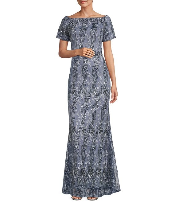 Ignite Evenings Short Sleeve Boat Neck Sequin Long Sheath Dress | Dillard's