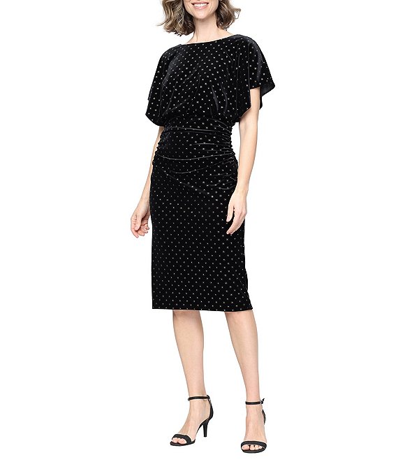 Ignite Evenings Short Sleeve Fixed Sequins Stretch Velvet Blouson Dress