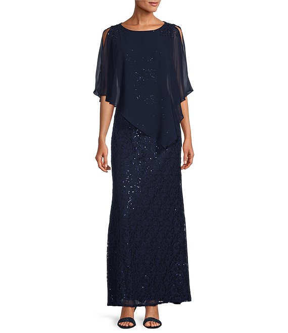 Color:New Navy - Image 1 - Short Sleeve Round Neck Beaded Sequin Floral Lace Capelet Gown