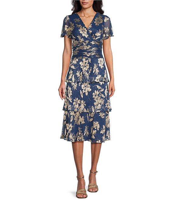 Ignite Evenings Short Sleeve V-Neck Tiered Floral Midi Dress | Dillard's