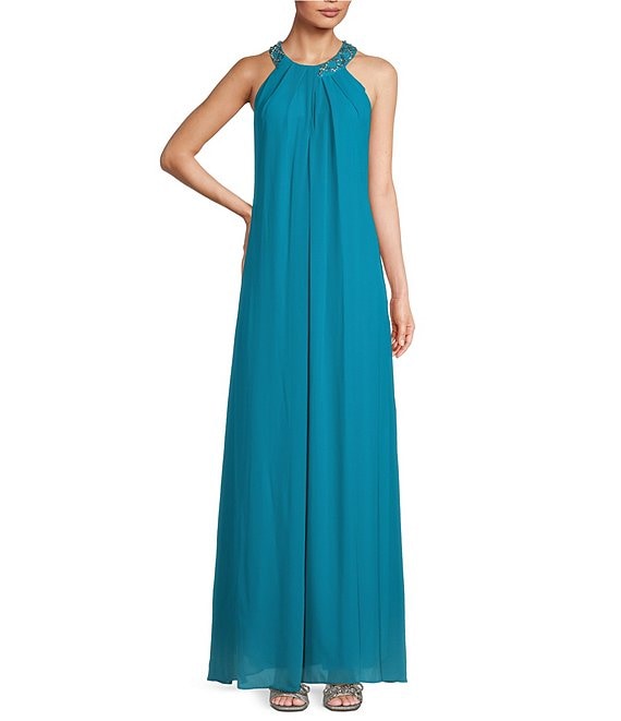 Ignite Evenings Sleeveless Beaded Halter Neck Maxi Dress | Dillard's