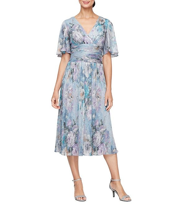 Ignite Evenings Surplice Neck Elbow Flutter Sleeve Ruched Waist Shimer Floral Print A Line Midi Dress
