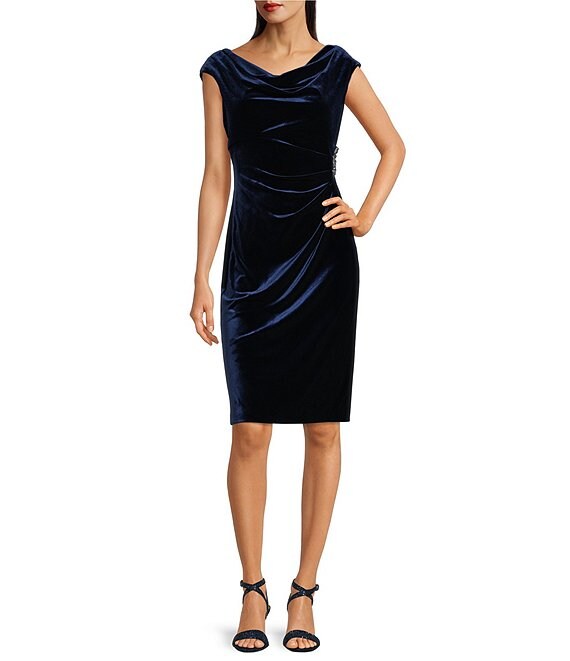 Ignite Evenings Velvet Draped Neck Cap Sleeve Embellished Side