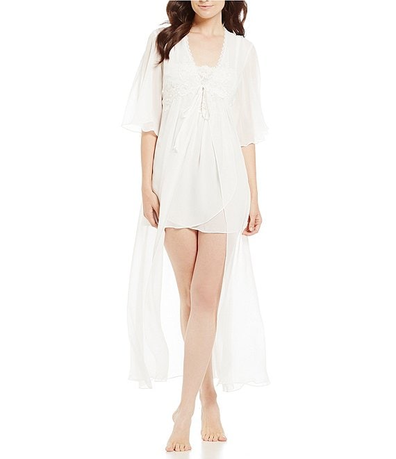 Color:Ivory - Image 1 - Celeste Lace Trim Floral Embroidered Chiffon Robe