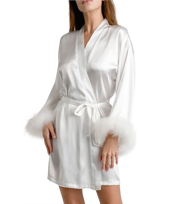 Color:White - Image 1 - Satin Long Sleeve Feather Trim Coordinating Wrap Robe