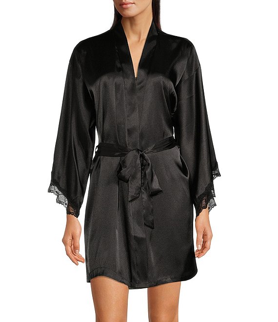 Color:Black - Image 1 - Scallop Lace 3/4 Kimono Sleeve Shawl Collar Short Satin Wrap Robe