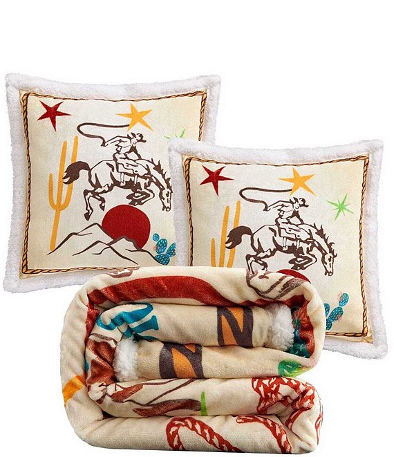 Indigo Hill by HiEnd Accents Retro Rodeo Campfire Sherpa Western Adventure Pillow and Blanket Set