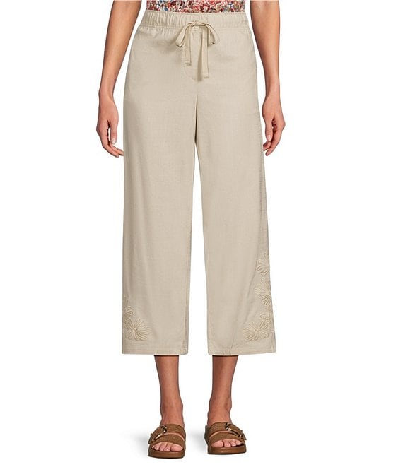 Intro Elara Embroidered Hem Drawstring Tie Pull-On Capri Pants