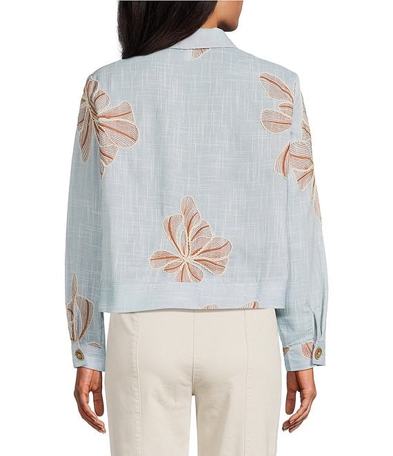 Intro Floral Embroidery Point Collar Long Sleeve Button-Front