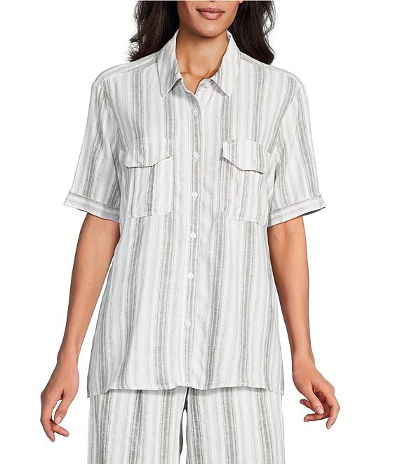 Intro Linen Blend Coordinating Stripe Point Collar Elbow Sleeve Button Front Camp Shirt