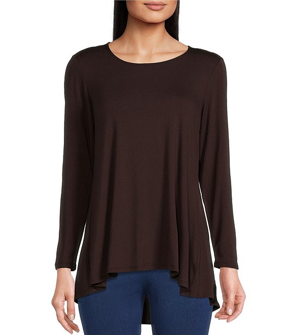 Intro Scoop Neck Long Sleeve Pleat Back High-Low Hem Legging Tee