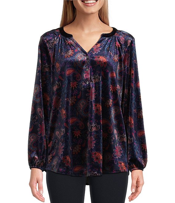 Intro Paisley Print Y-Neck Long Sleeve Half Button Front Knit Velvet ...